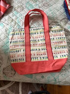 Victoria's Secret Coral Canvas Tote with Rainbow Logo Print
